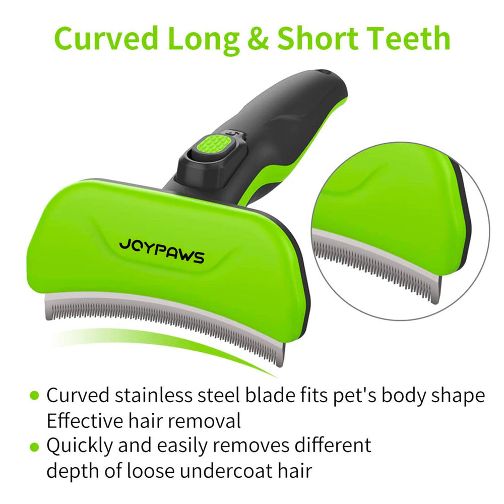 JoyPaws green brush resting in a home setting as a convenient grooming solution