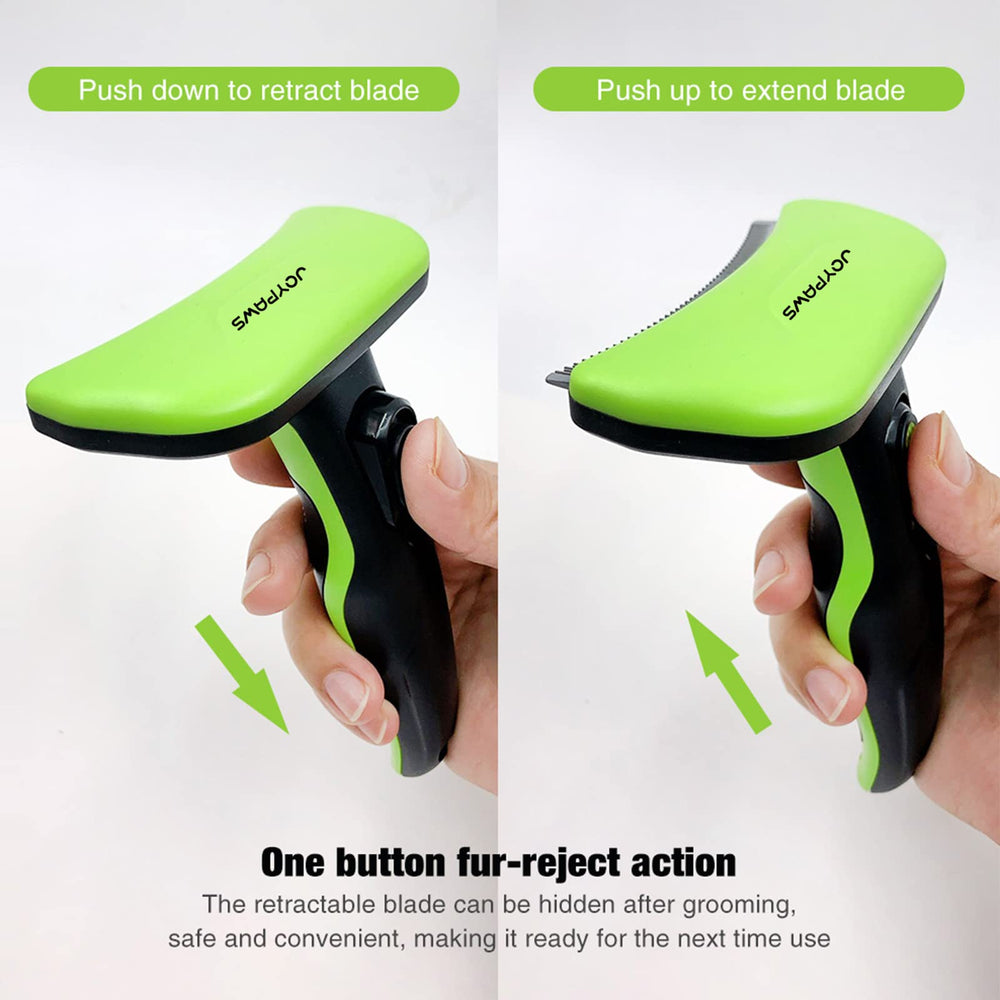 JoyPaws self-cleaning button in action removing hair from teeth between passes