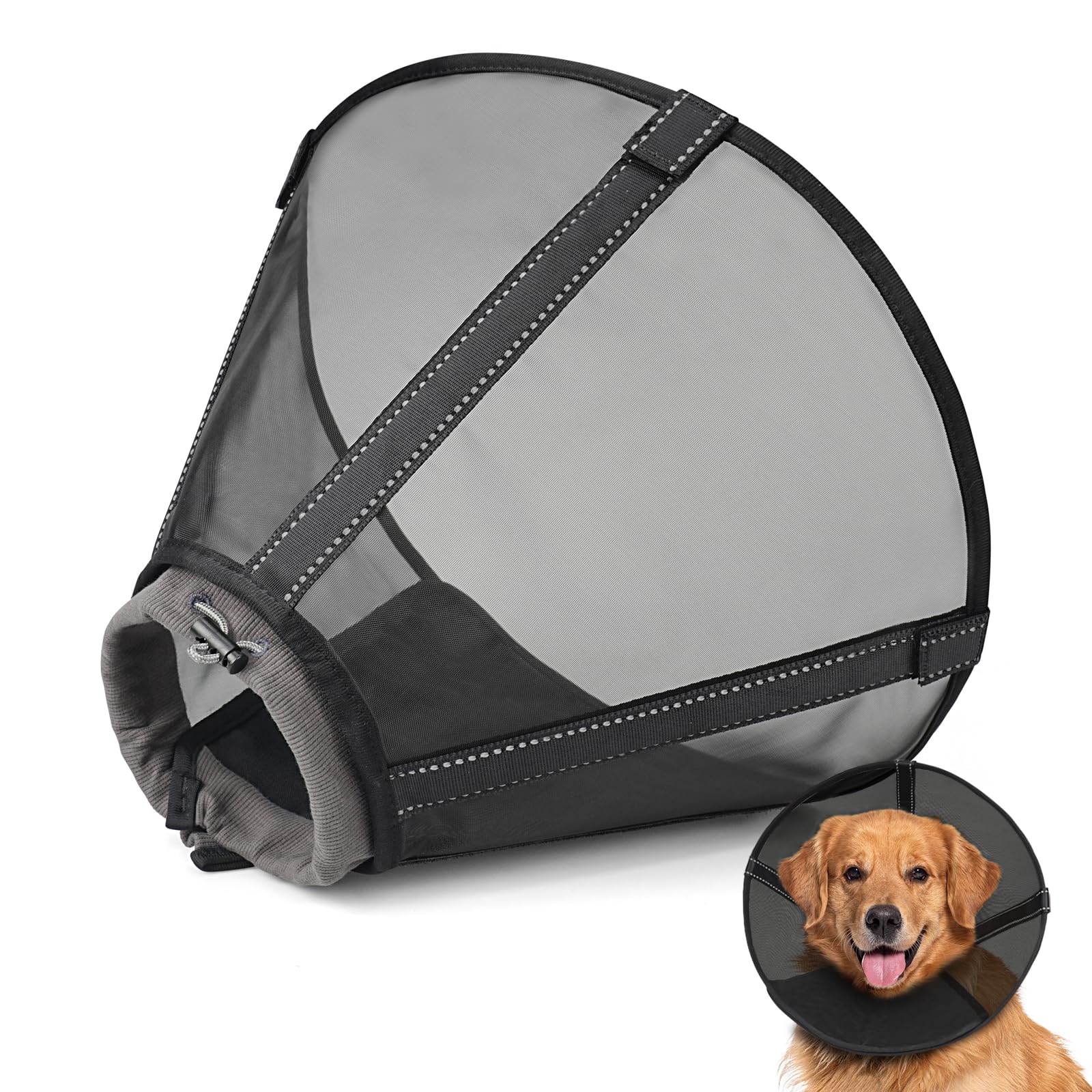 Joypig dog cone collar outer view in navy and black showing protective mesh.