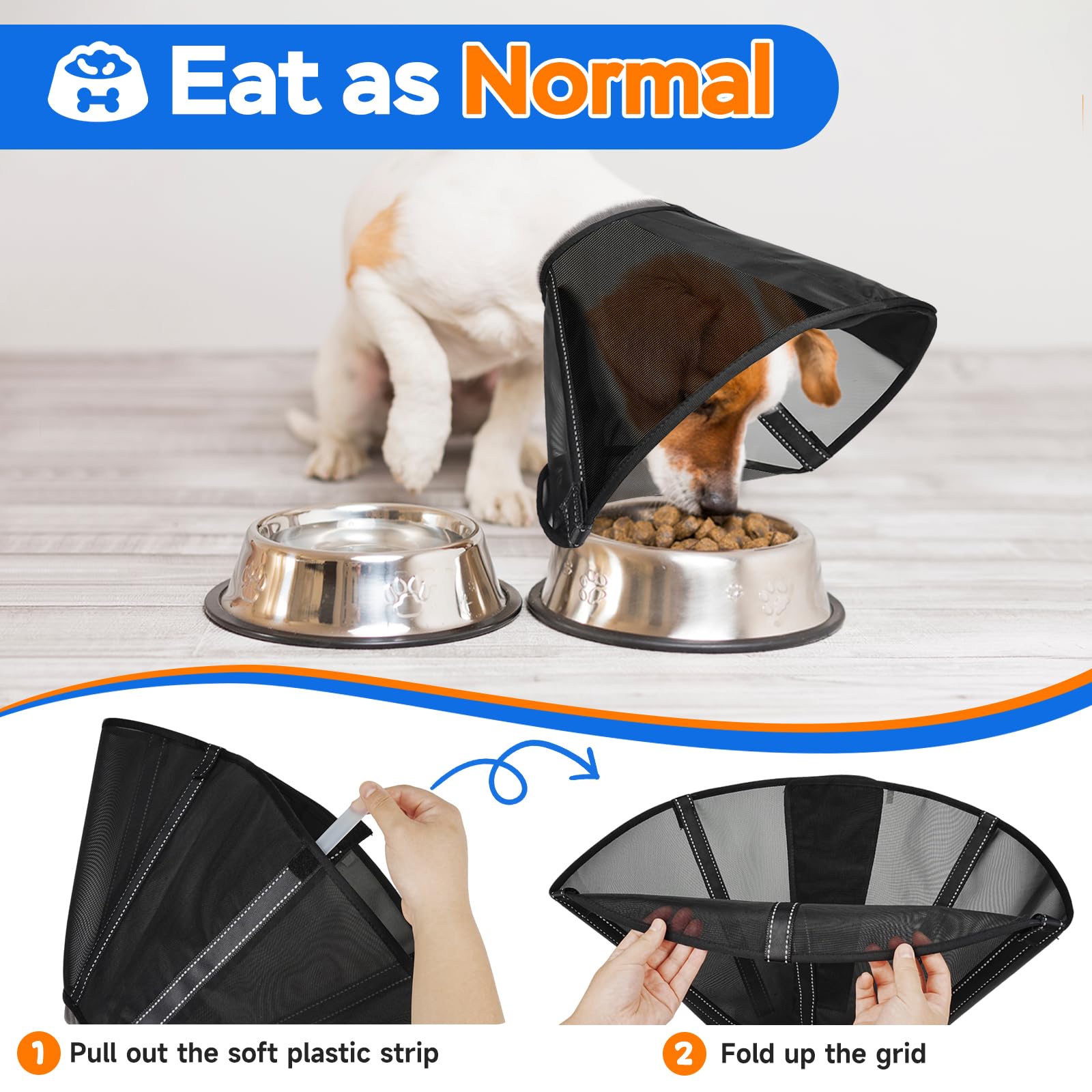 Joypig dog cone collar worn by a dog demonstrates protective coverage and comfort.