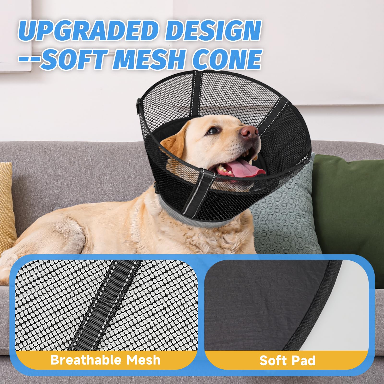 Joypig Elizabeth cone-alternative dog collar emphasizes unobstructed side vision for calmer recovery.