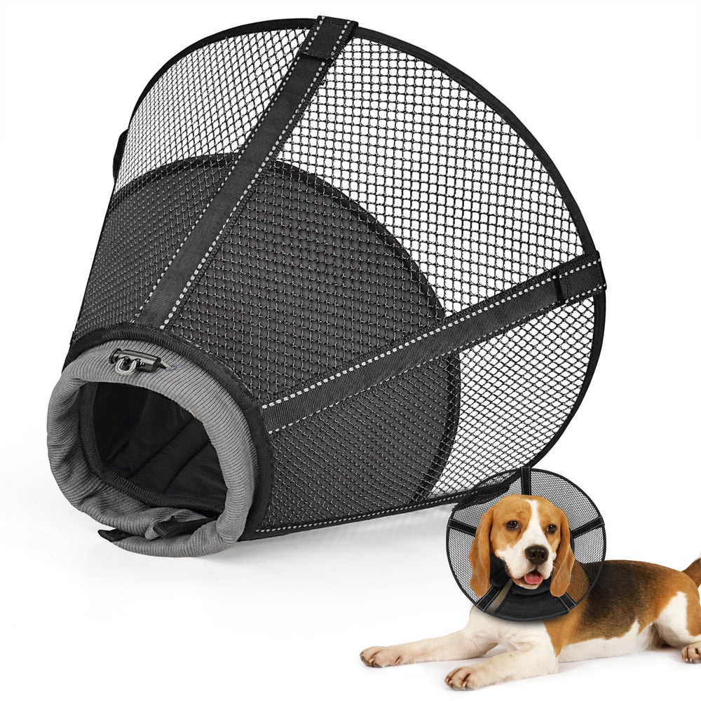 Joypig soft mesh recovery collar side view jet black protects wounds while keeping dogs comfortable.