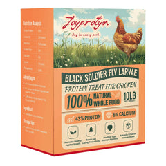 Joyprotyn BSFL 10lb bag label showcases high-calcium poultry feed for stronger eggshells.