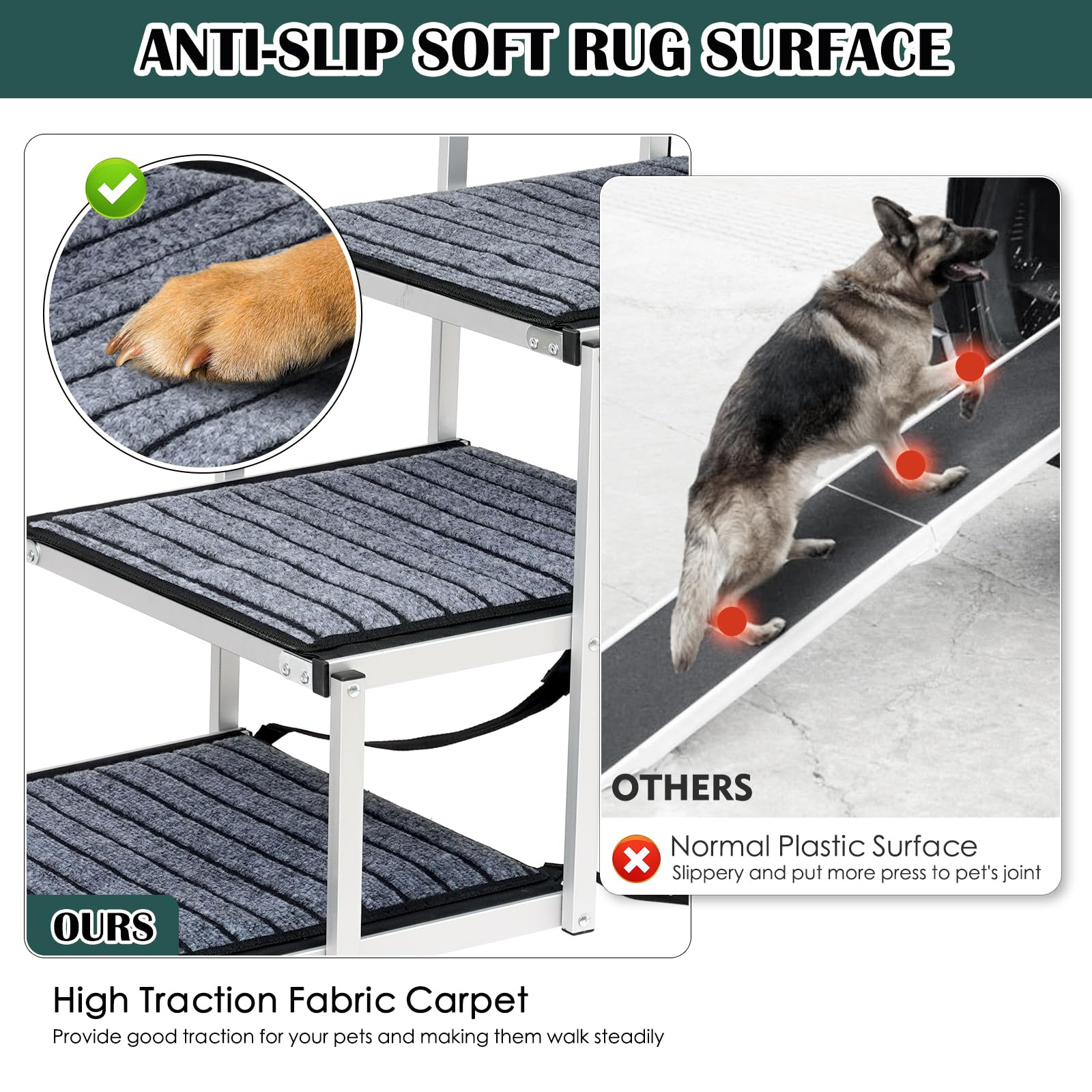 Joyrally dog ramp anti-slip surface provides secure footing on climbs.