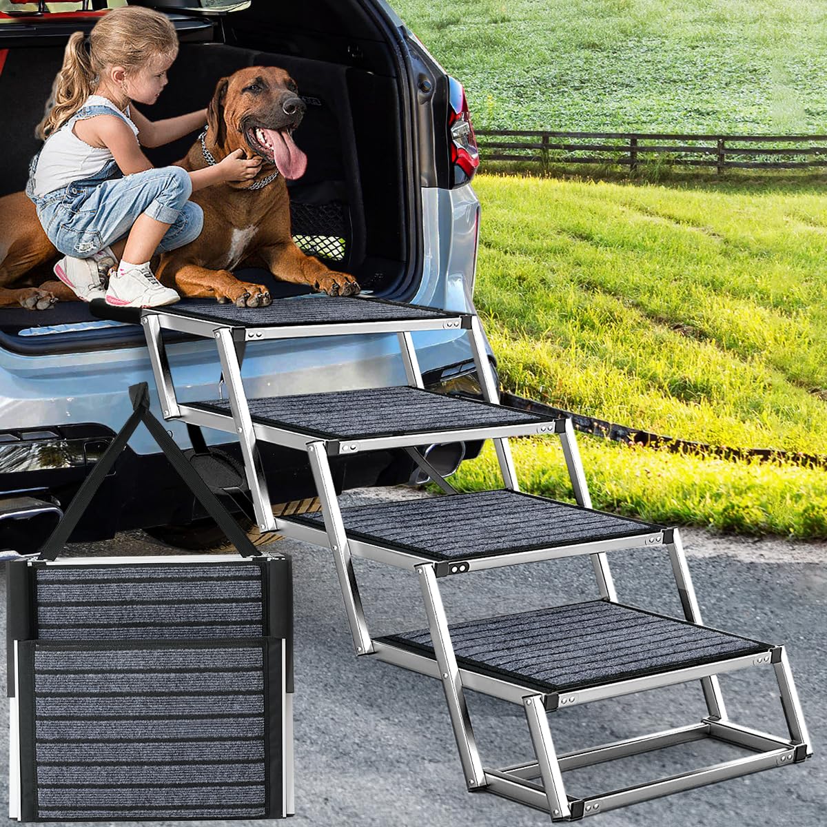 Joyrally dog ramp assembled shows wide platform for easy canine loading.