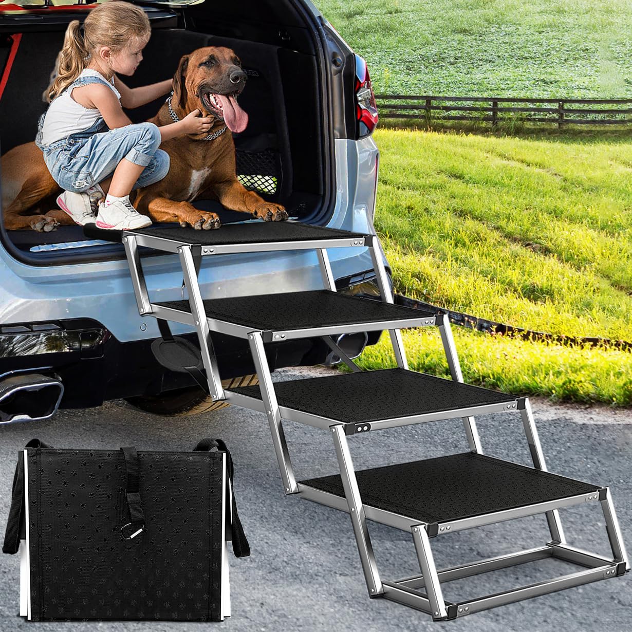 Joyrally dog ramp for car wide view showing stability for large dogs