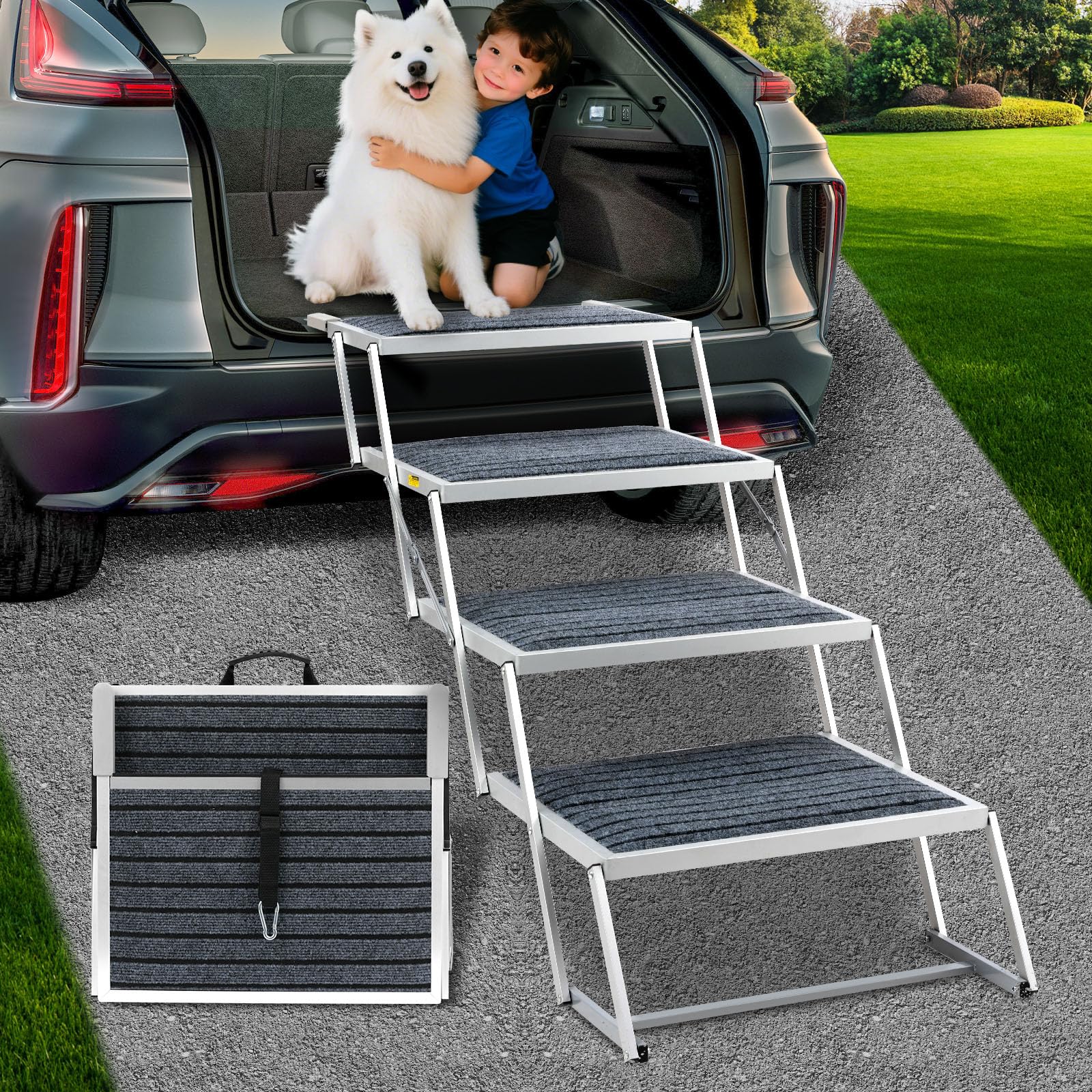 Joyrally dog stairs in-use inside SUV with non-slip rug for secure footing