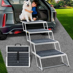 Joyrally dog stairs in-use inside SUV with non-slip rug for secure footing