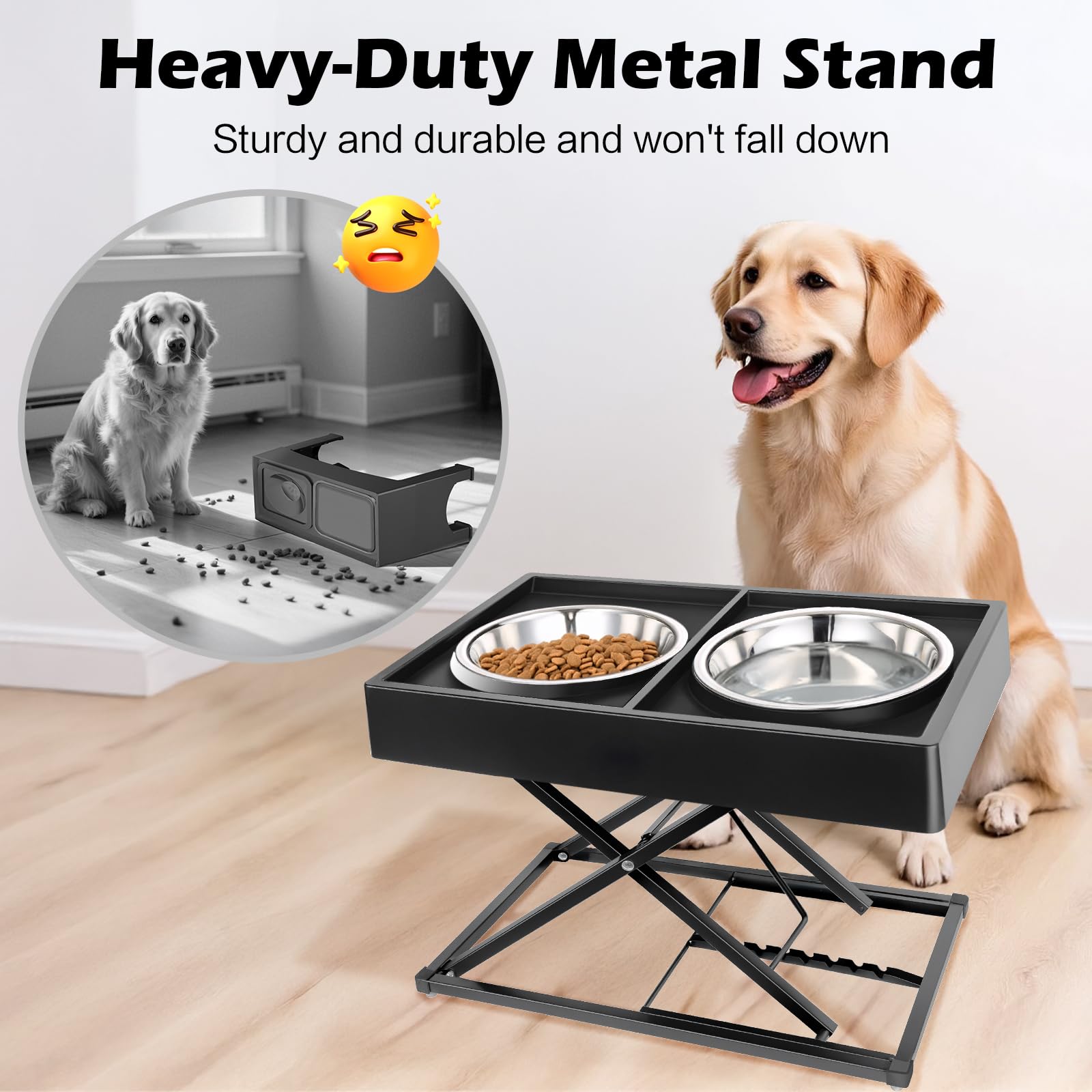 Joytale elevated dog bowls heavy-duty metal stand resists chewing and supports indoor and outdoor use.
