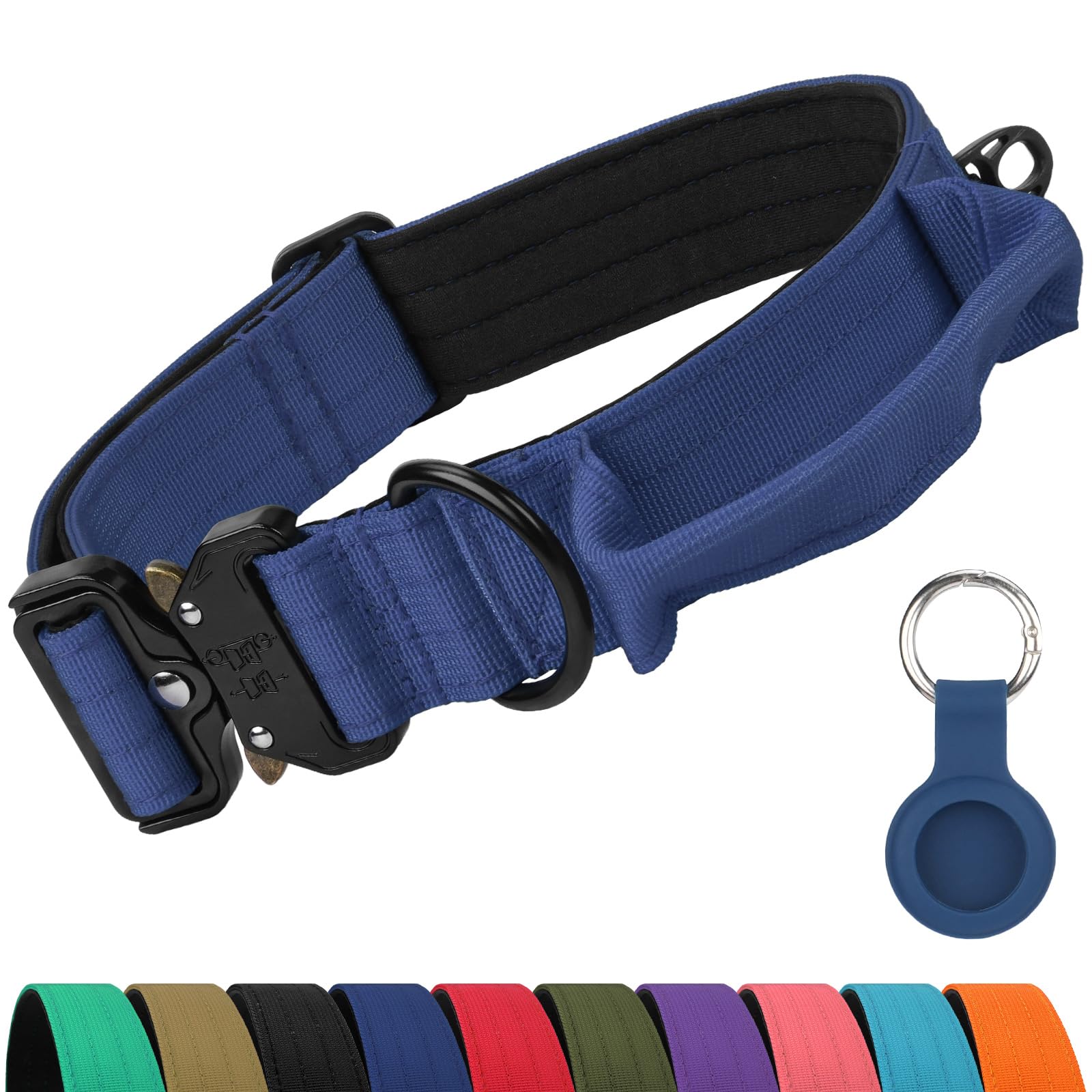 Joytale heavy-duty dog collar with handle in navy for controlled walking and quick grip.