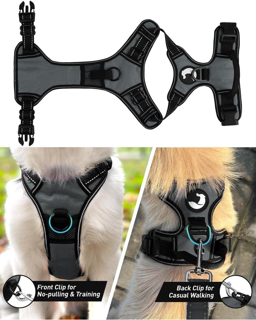 Joytale No Pull Harness back clip gray offers steady leash control.