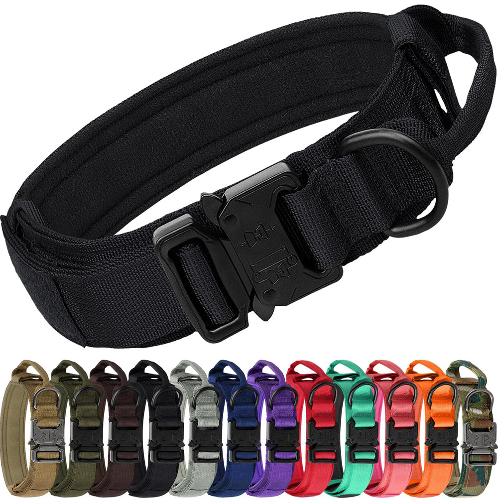 Joytale tactical dog collar with handle in black offers secure control for large dogs.