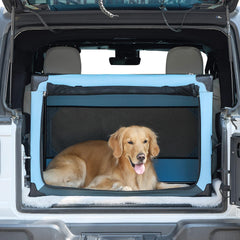 JOYTUTUS 38-inch collapsible dog crate in car trunk for travel safety