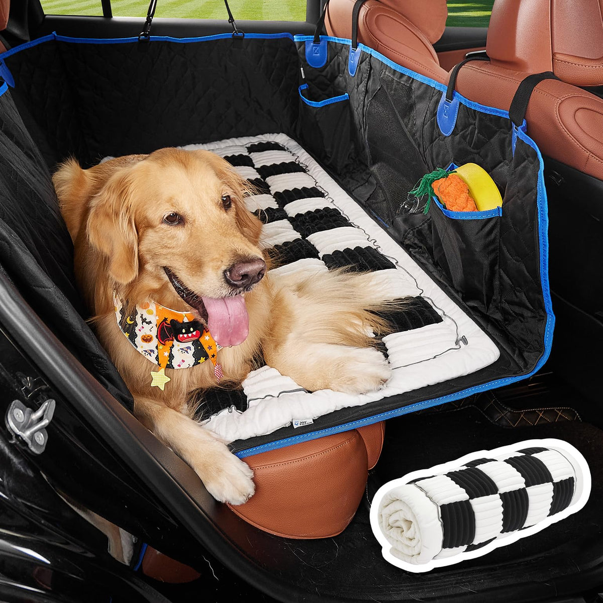 JOYTUTUS dog mat bed on backseat extender showing secure, non-slip travel setup