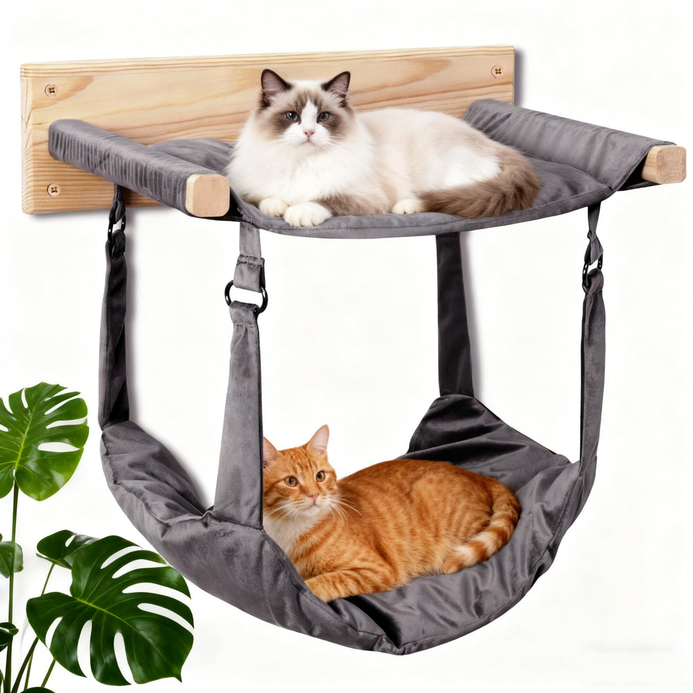 JSPYFITS wooden cat wall hammock full view demonstrates solid mount for safe lounging.