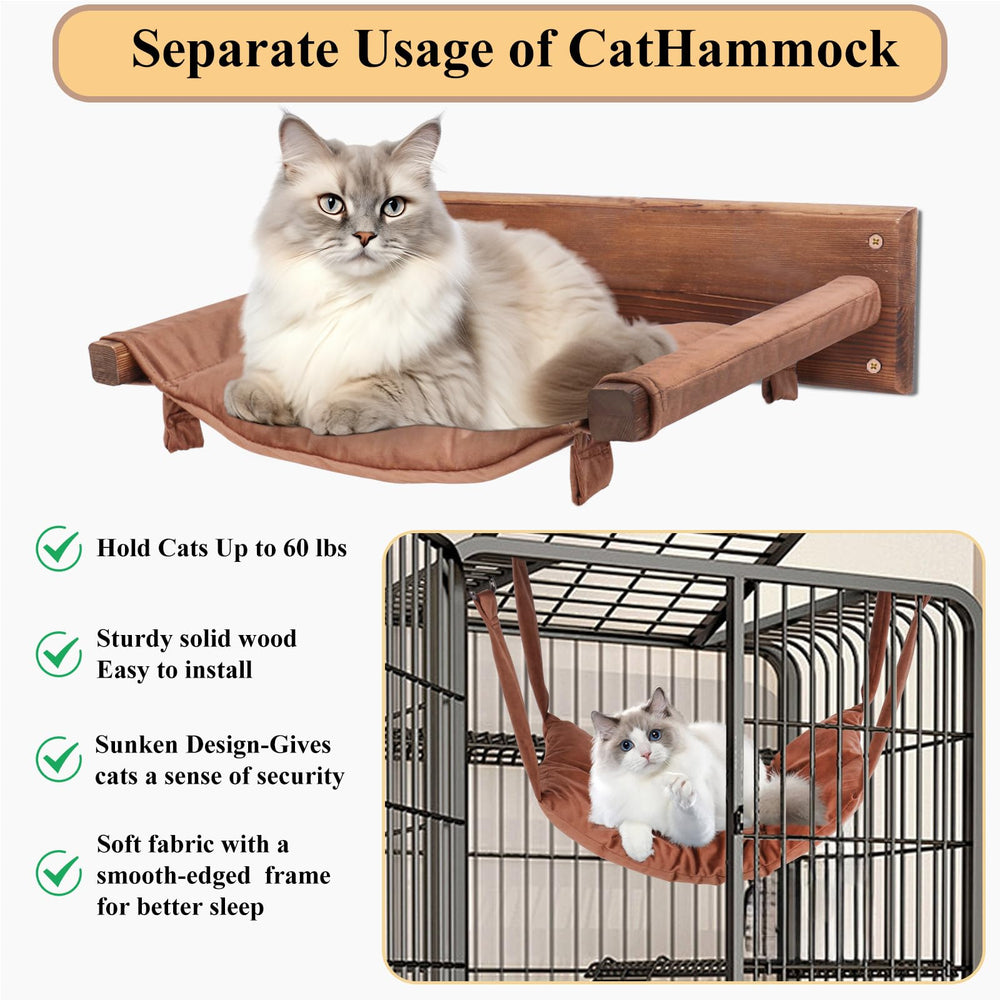 JSPYFITS wooden cat wall hammock two cats lounging and playing