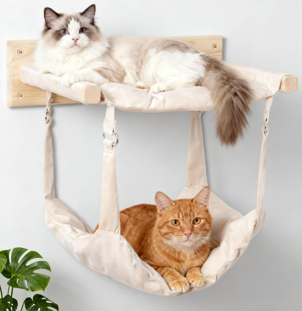 JSPYFITS wooden cat wall hammock top view shows secure lounging possibility.