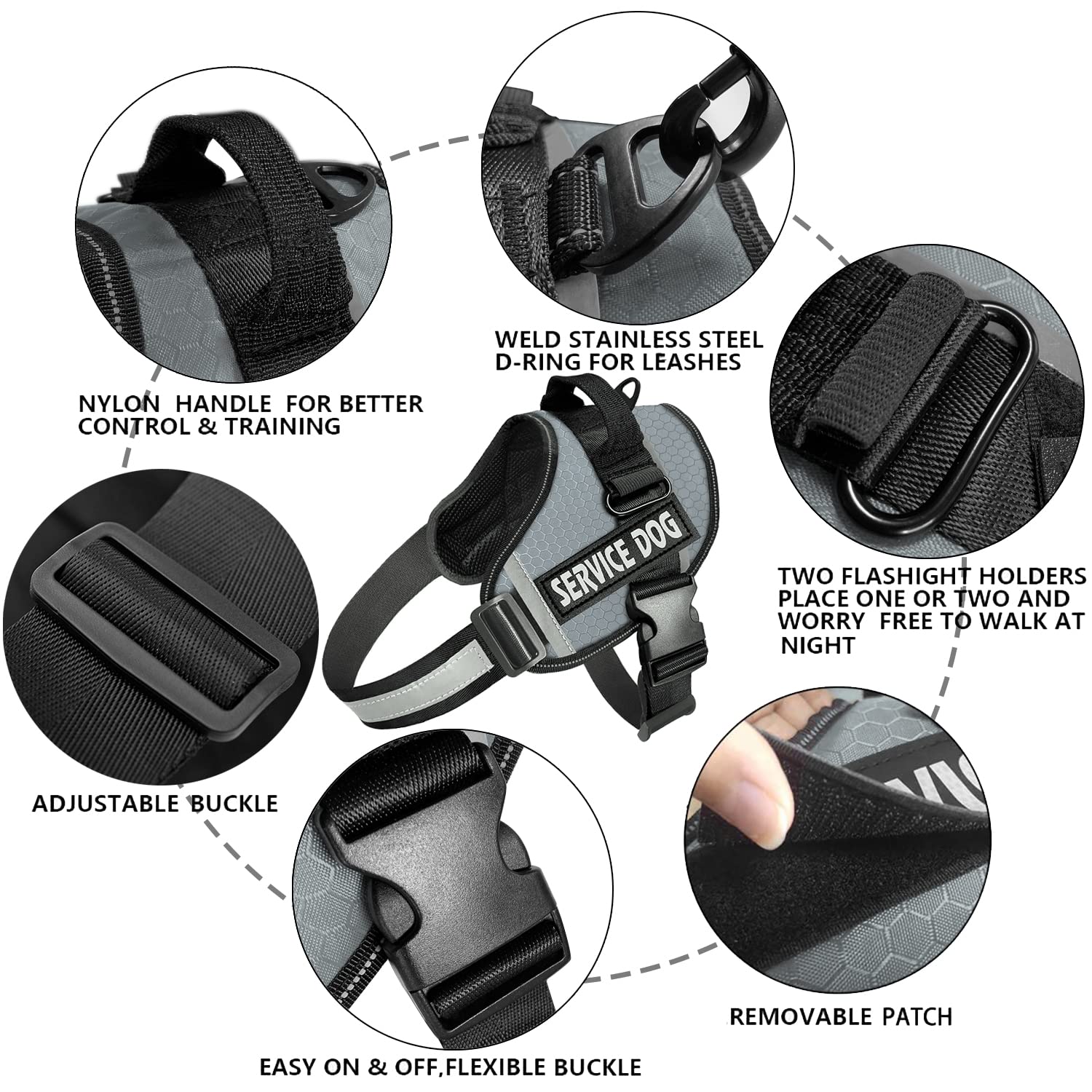 JSXD dog harness showing adjustable chest strap for a customizable fit