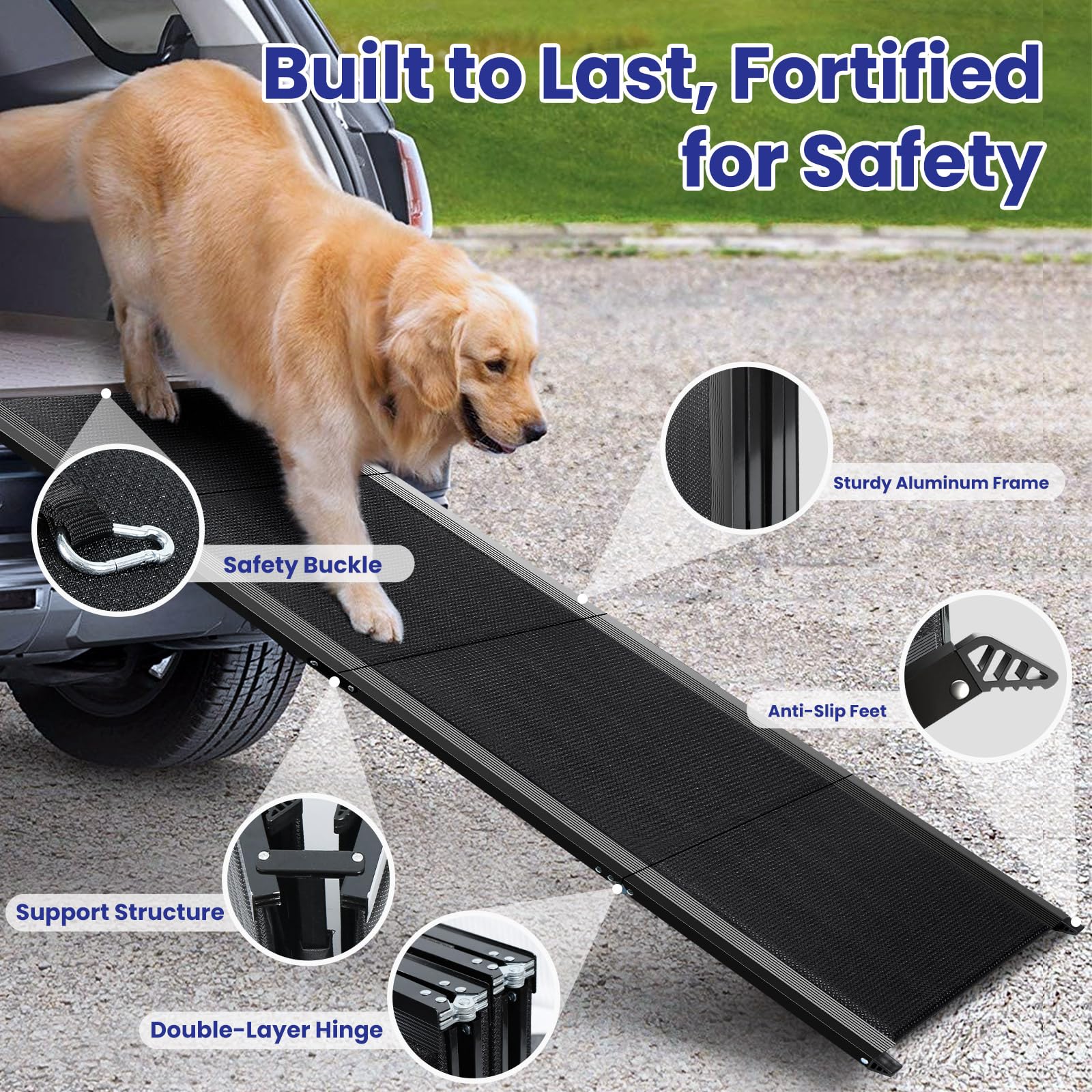 JTSIOV dog ramp 200lbs capacity supports large breeds with confident steps.
