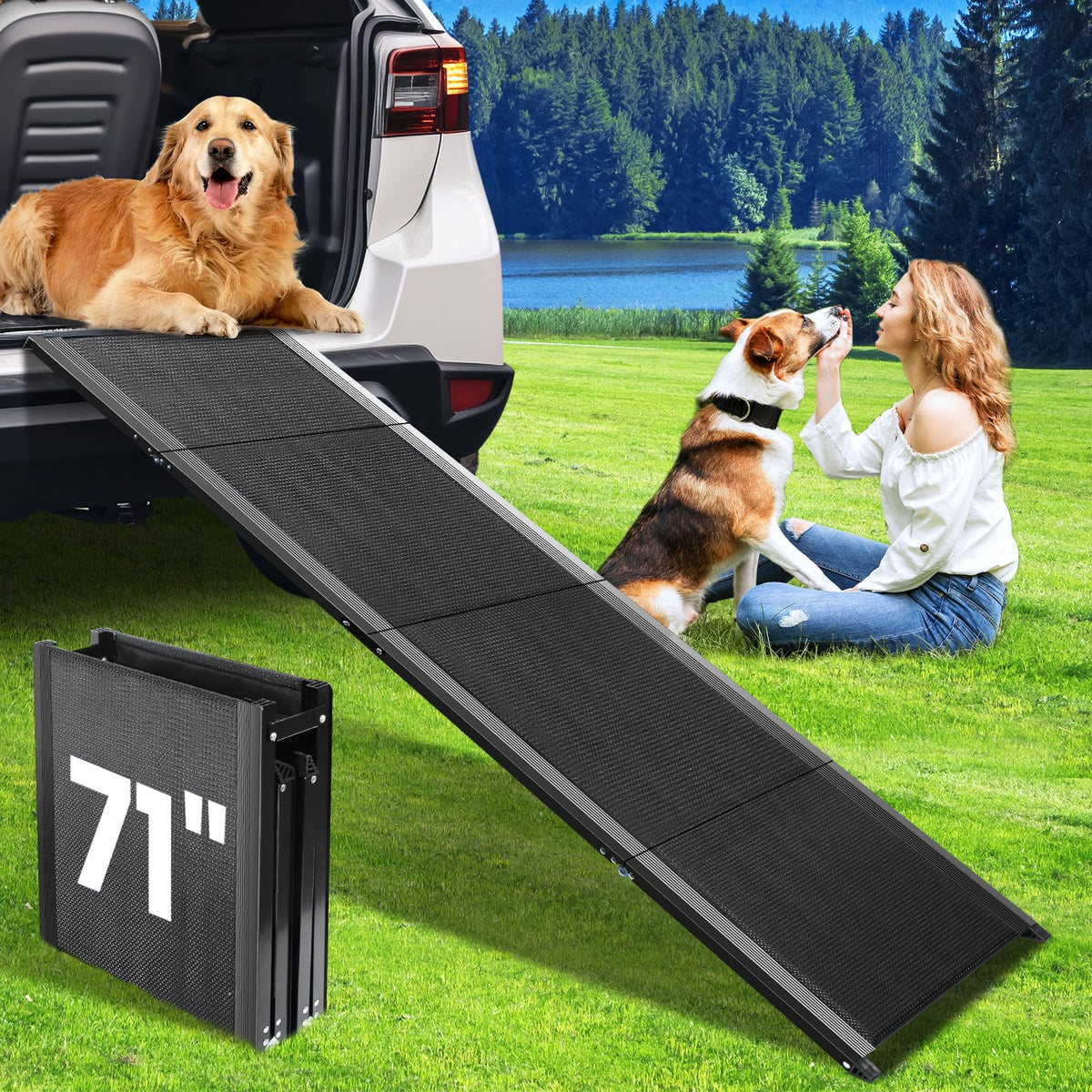 JTSIOV dog ramp 71in extended for easy vehicle entry and gentler incline.