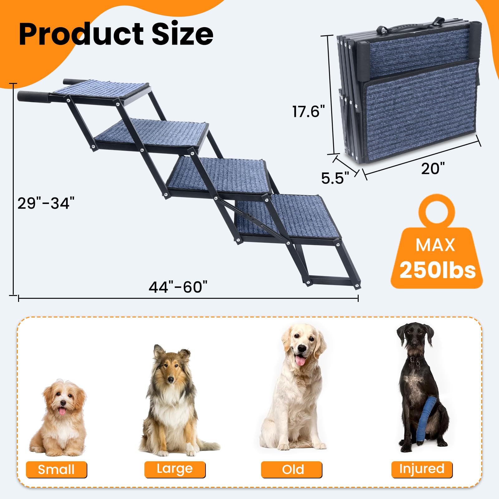 JTSIOV dog-stairs in-car usage demonstrates safe, gentle climb for large dogs.