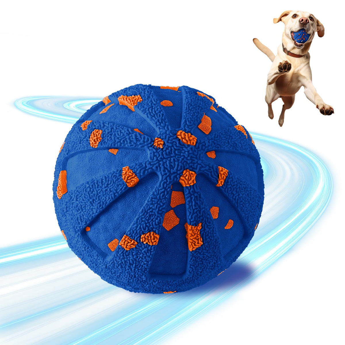 JUBBPDX Interactive Dog Ball blue side view highlighting durability for aggressive chewers