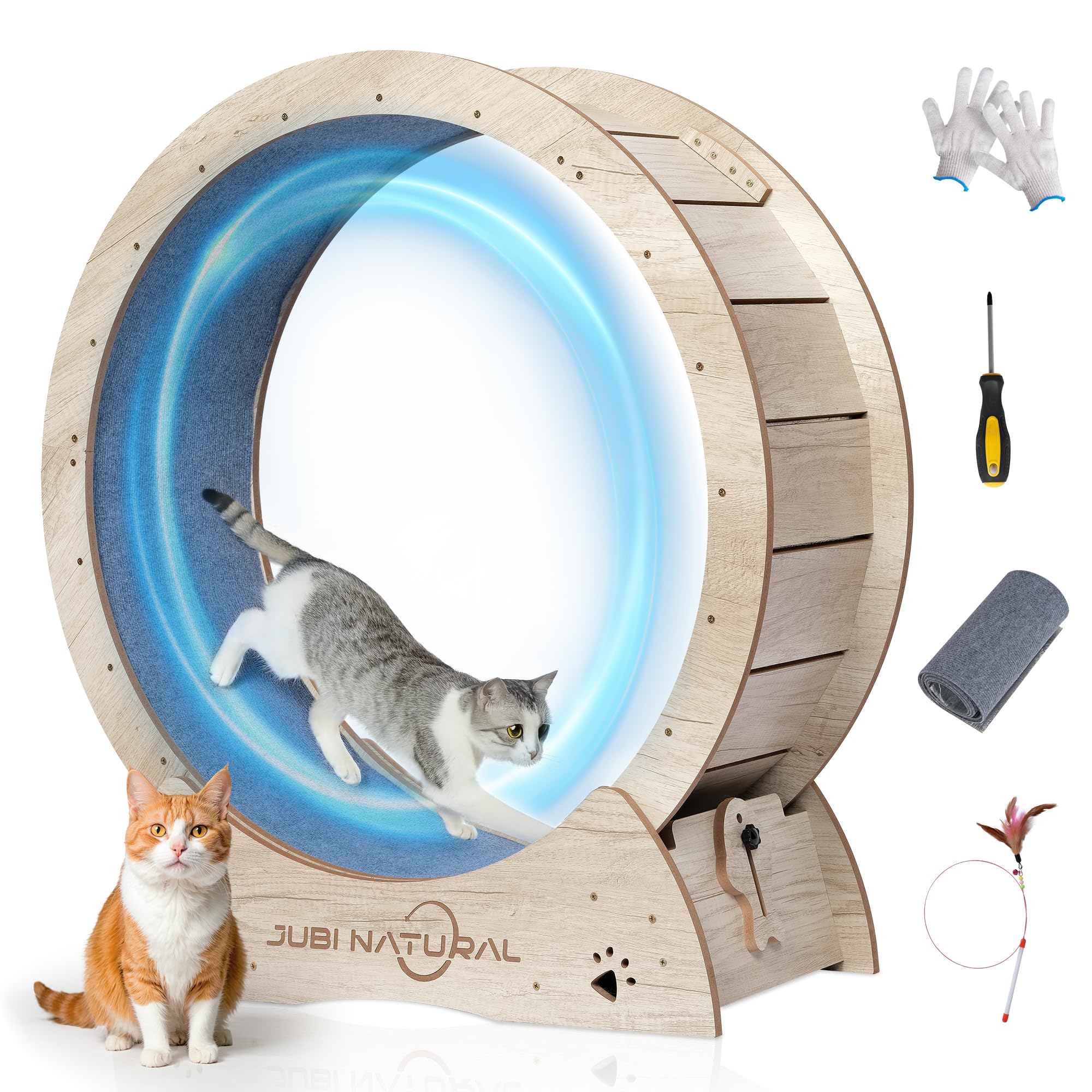 JubiNatural Cat Exercise Wheel front view shows sturdy birch surface for safe running.
