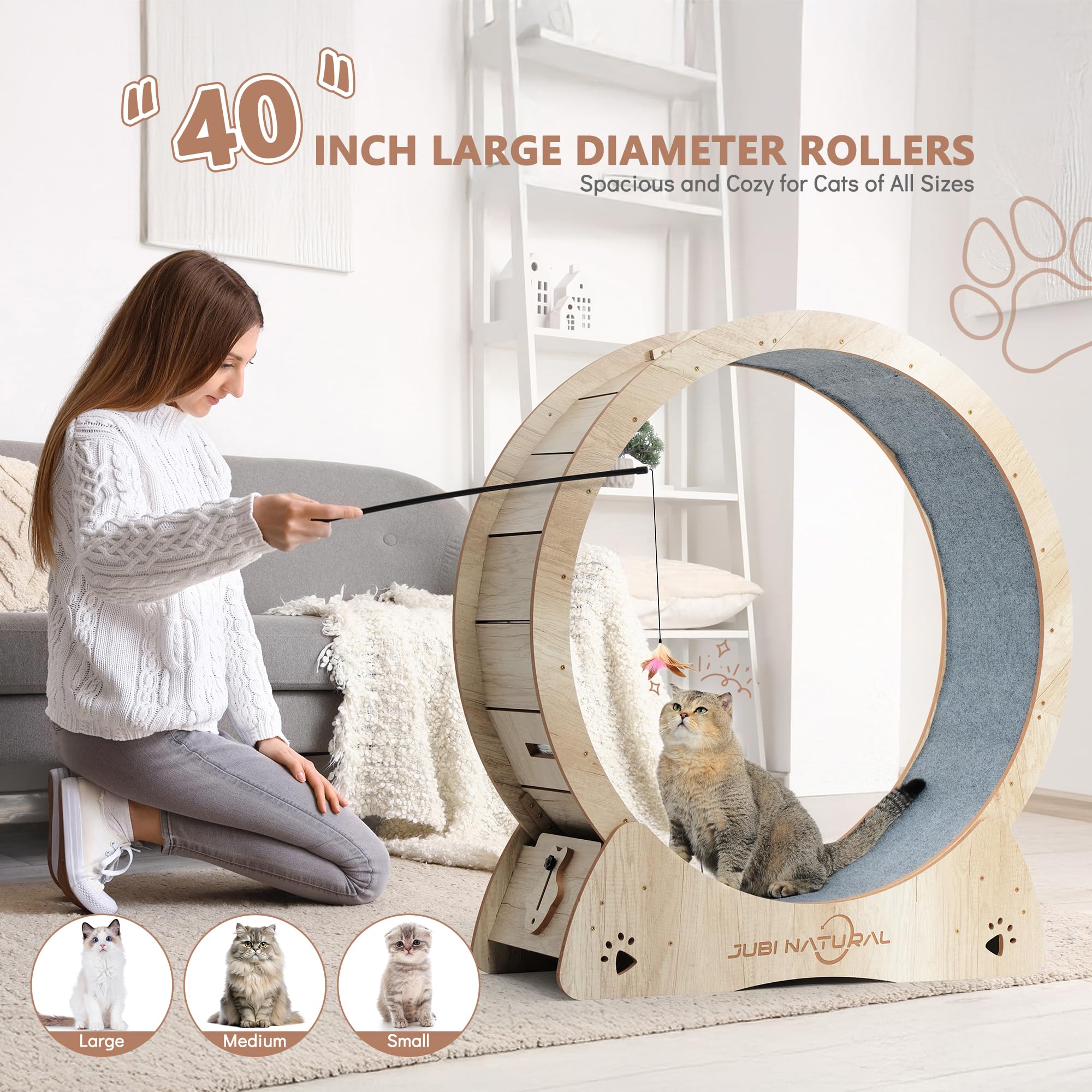 JubiNatural Cat Exercise Wheel side view highlights stable base and spacious runway.