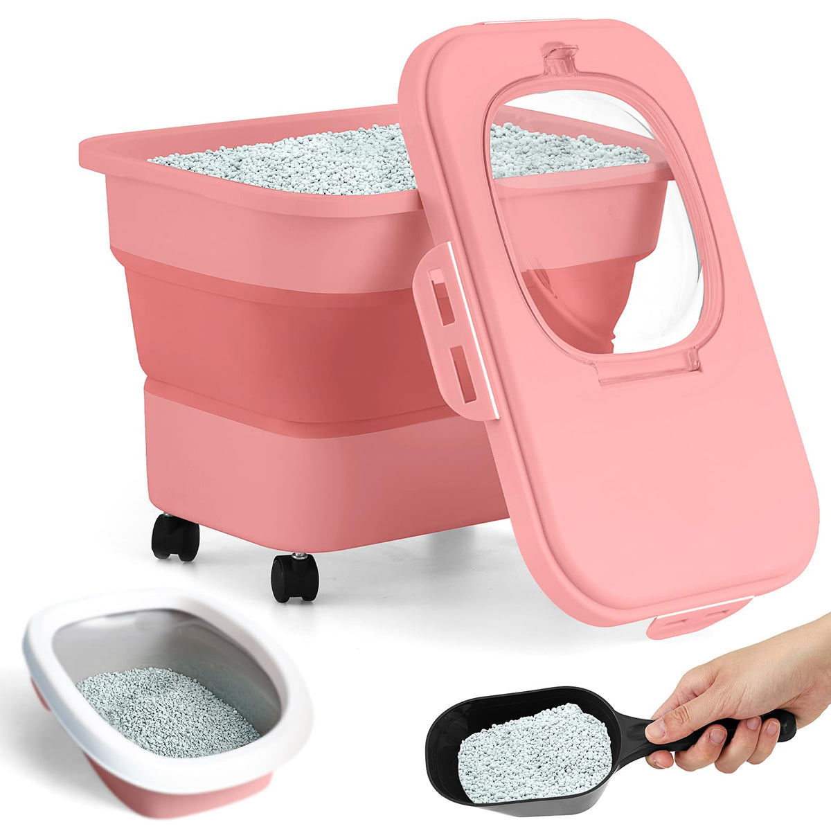 Juexica collapsible cat litter storage bin with rolling casters for easy transport and setup.