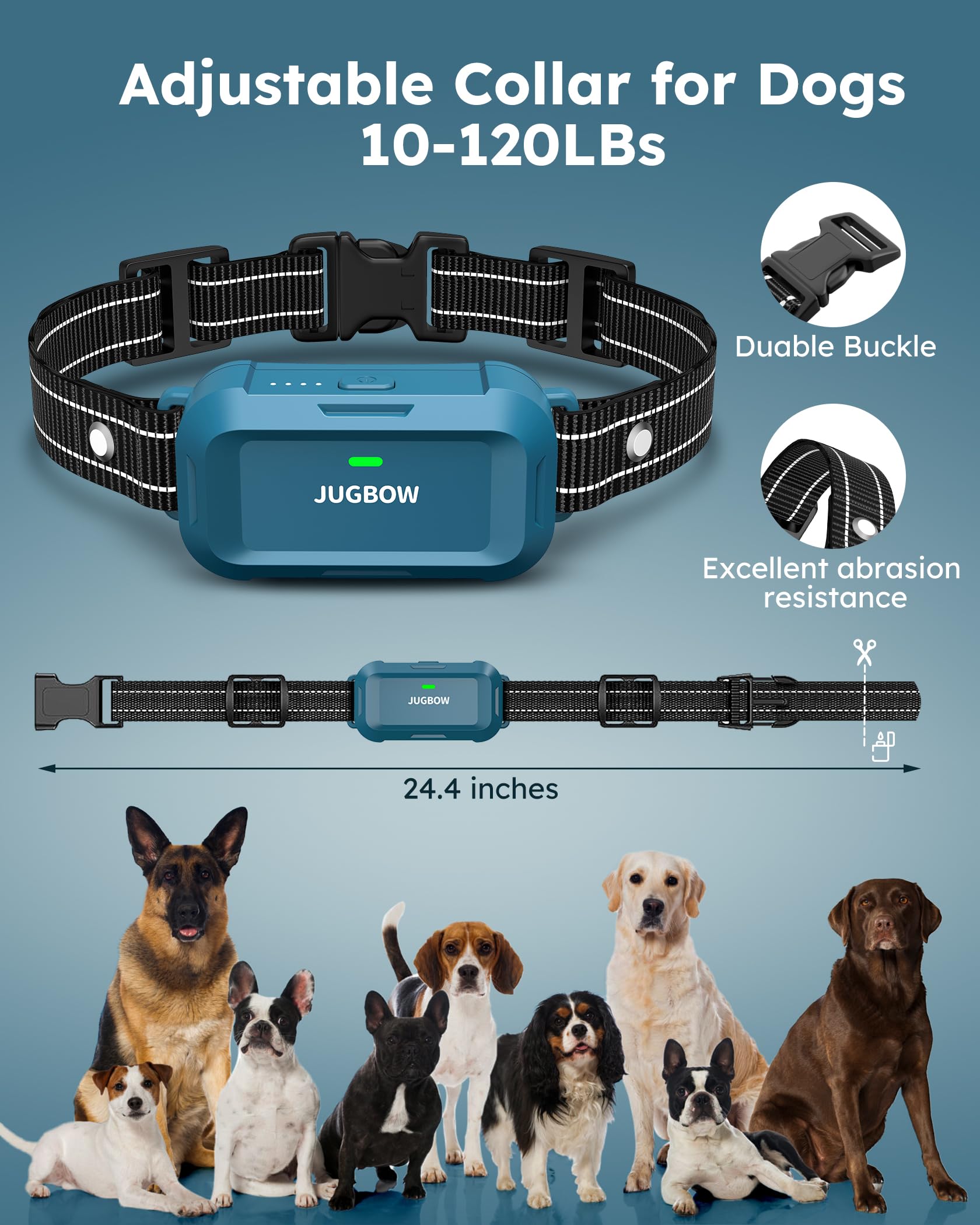 Jugbow battery indicators showing long life and quick charging for collar and remote.
