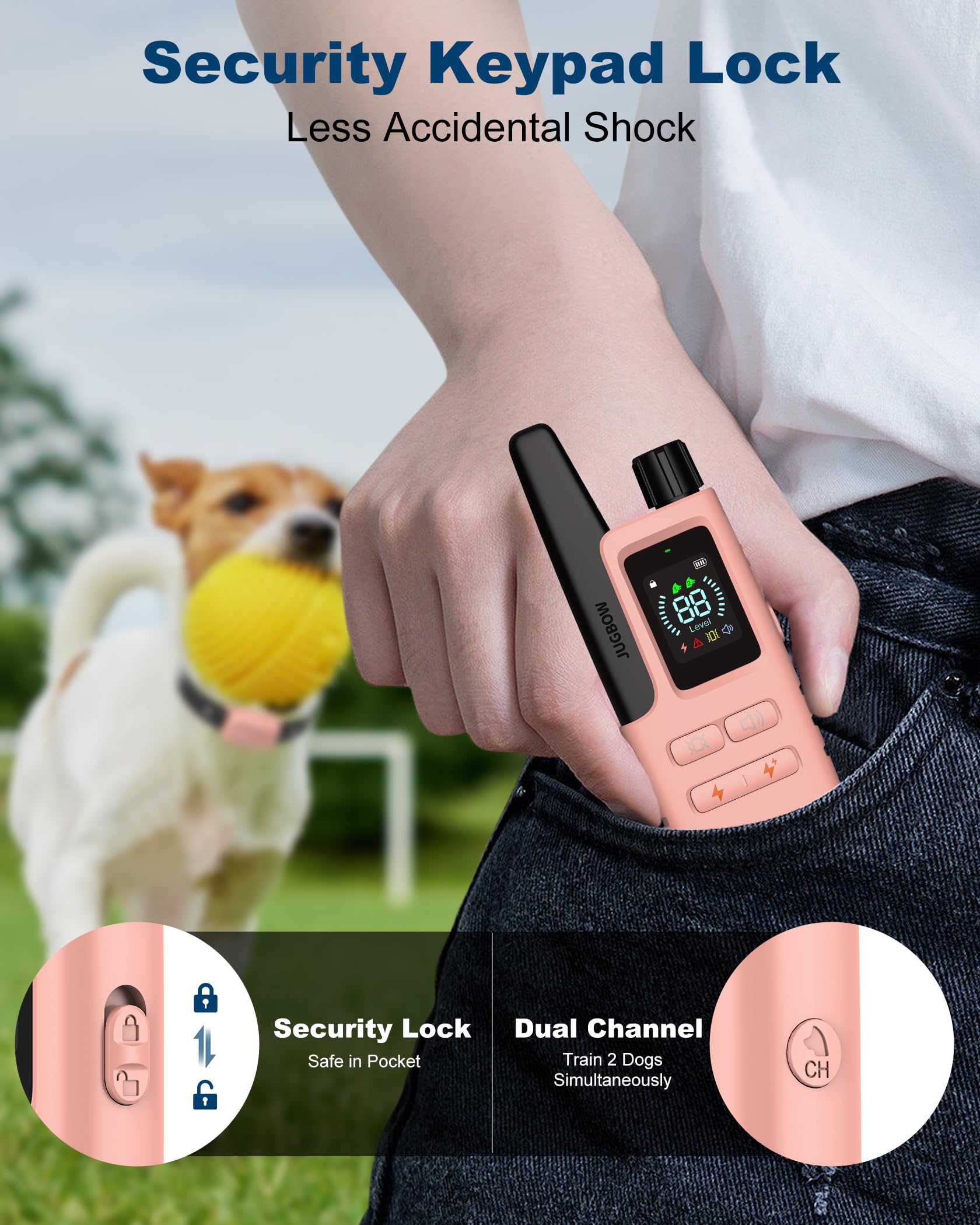 Jugbow long-lasting battery with quick USB charging on collar and remote
