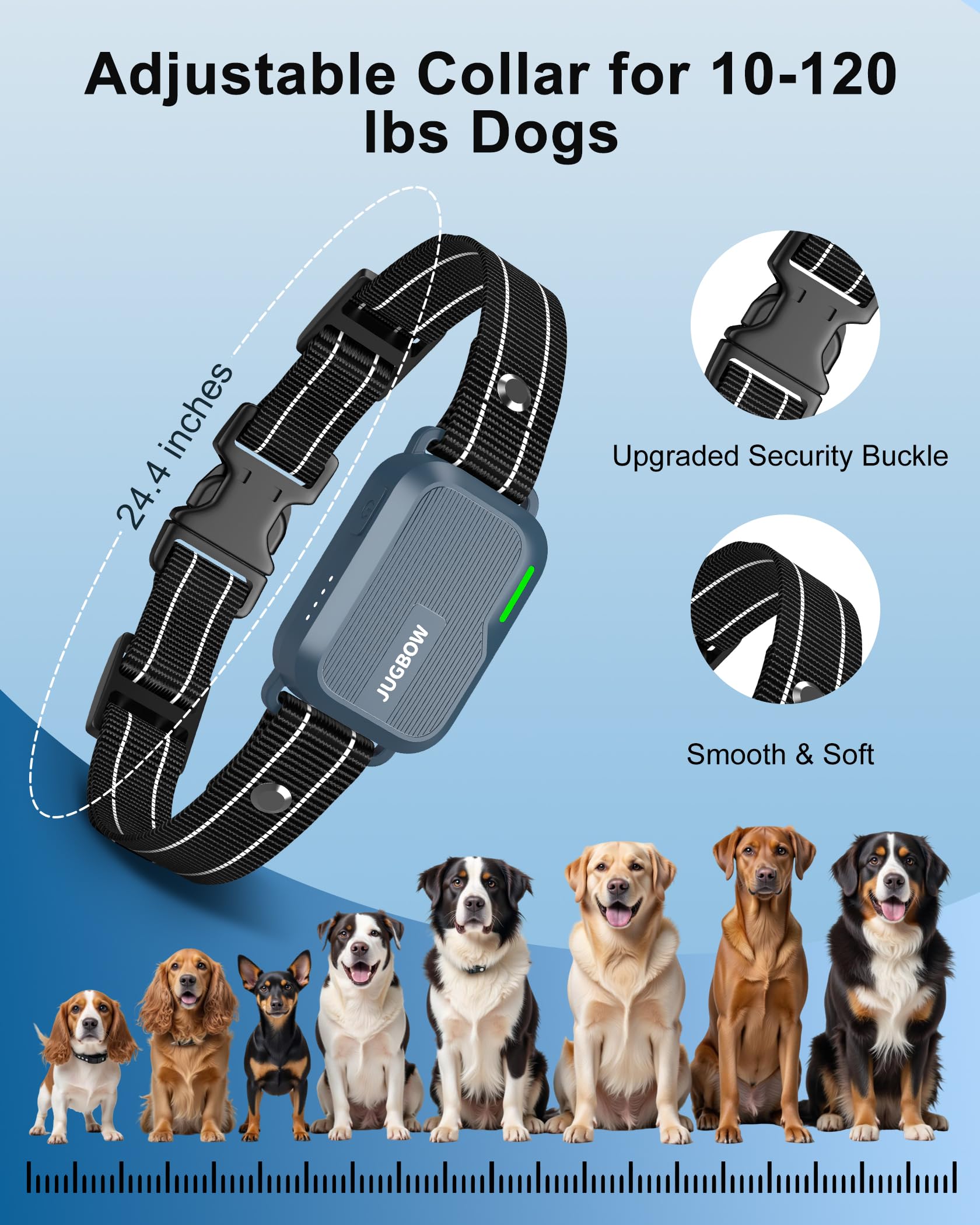 Jugbow dog collar showcasing four training modes for flexible training options.