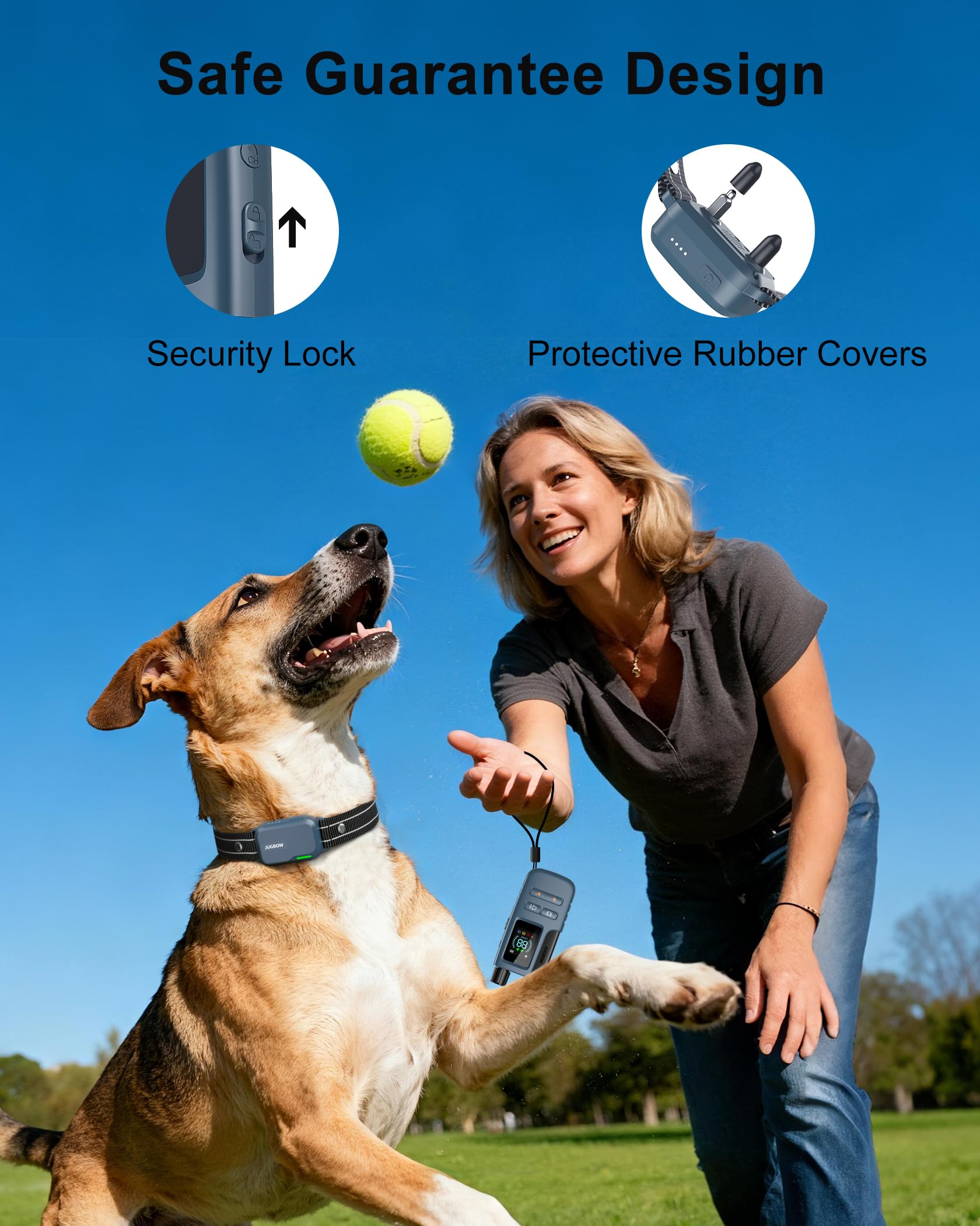 Jugbow adjustable neck strap fits small to large breeds with secure comfort.