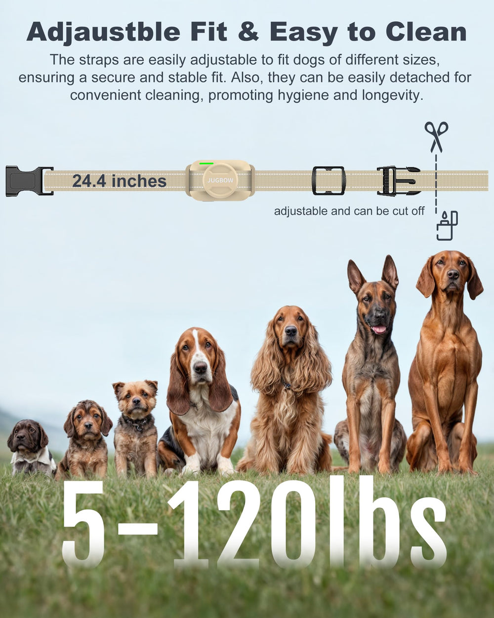 Jugbow collar displaying beep, vibration, and static modes for versatile training