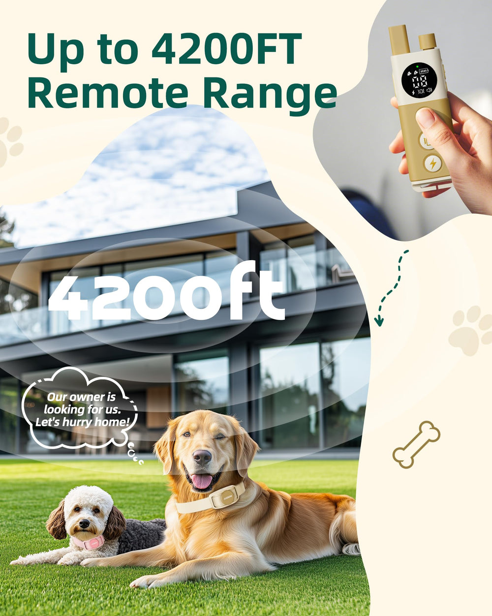 Jugbow receiver on beige collar shows waterproof durability for all-weather wear.