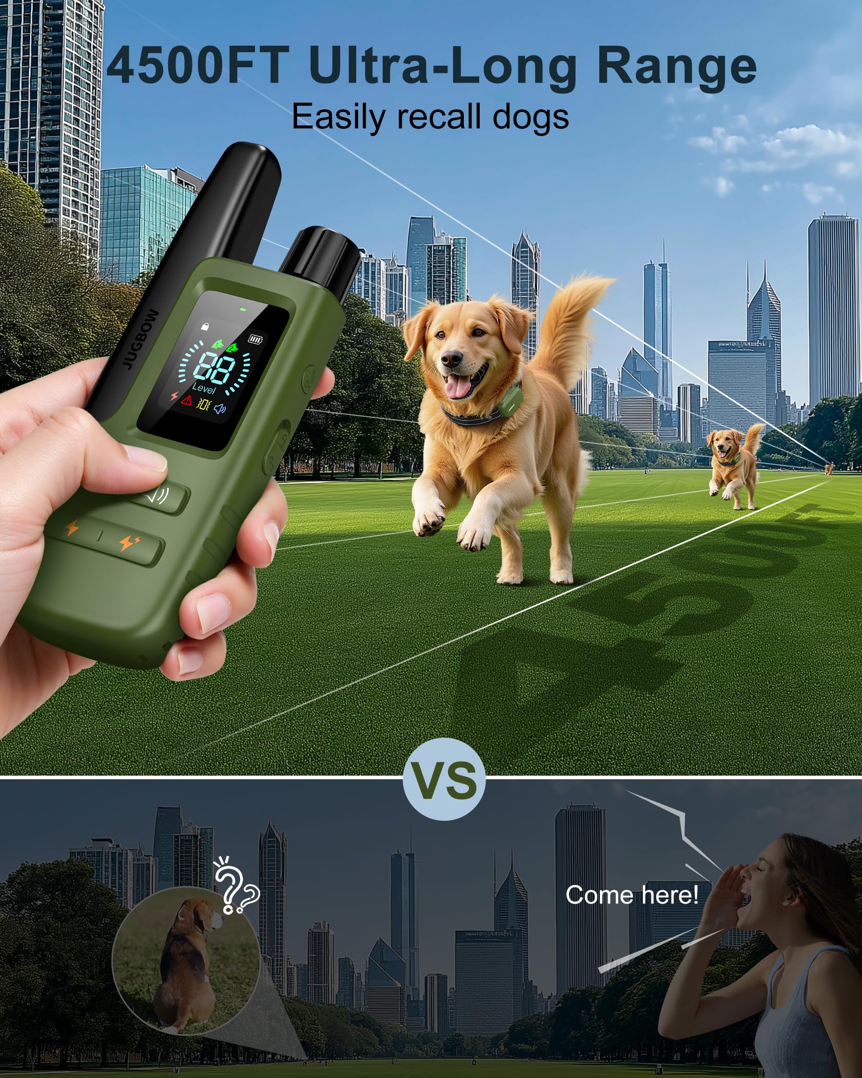 Jugbow dog collar IPX8 waterproof withstands rain and swims for adventures.