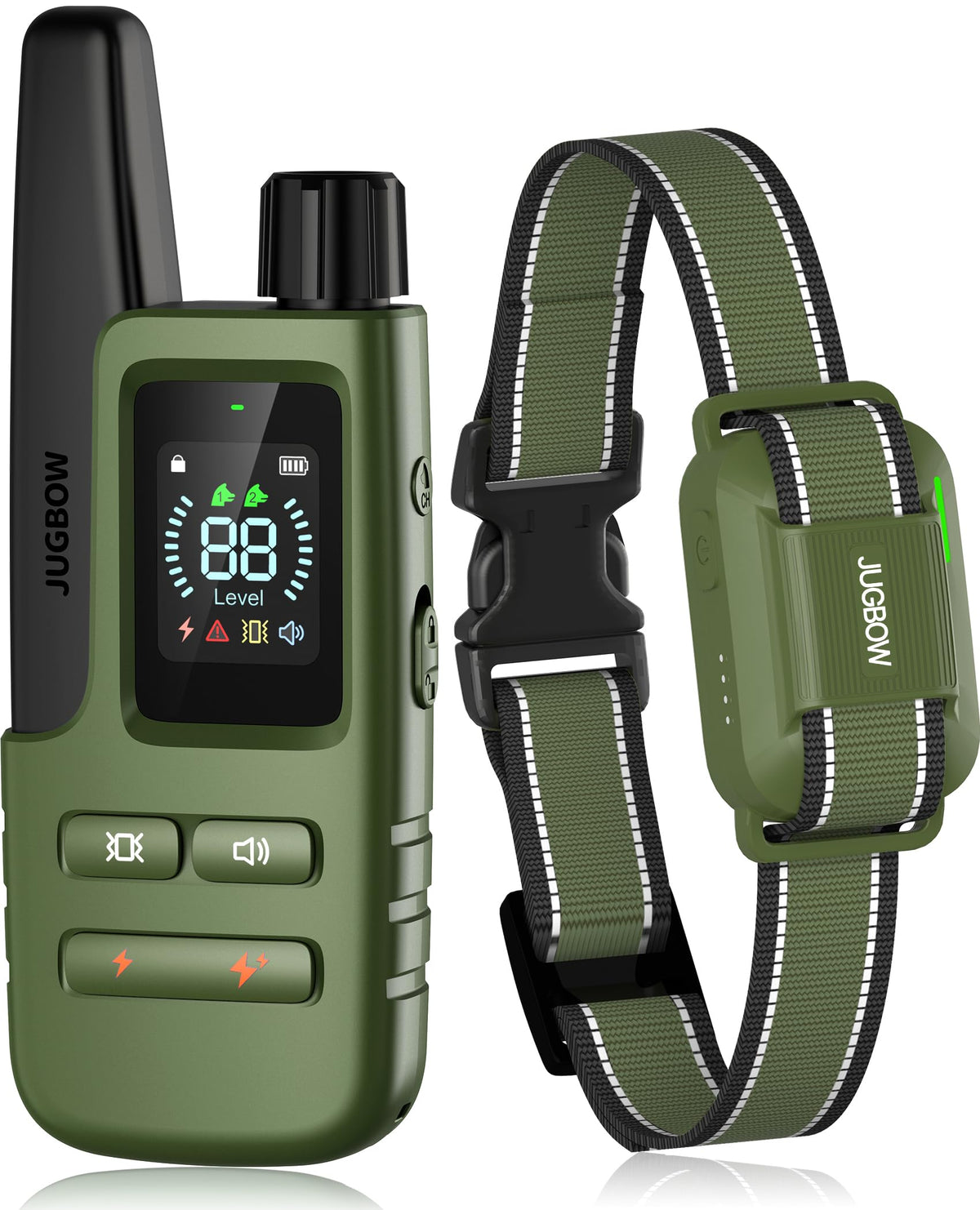 Jugbow dog shock collar remote and receiver setup enables versatile training at a distance.