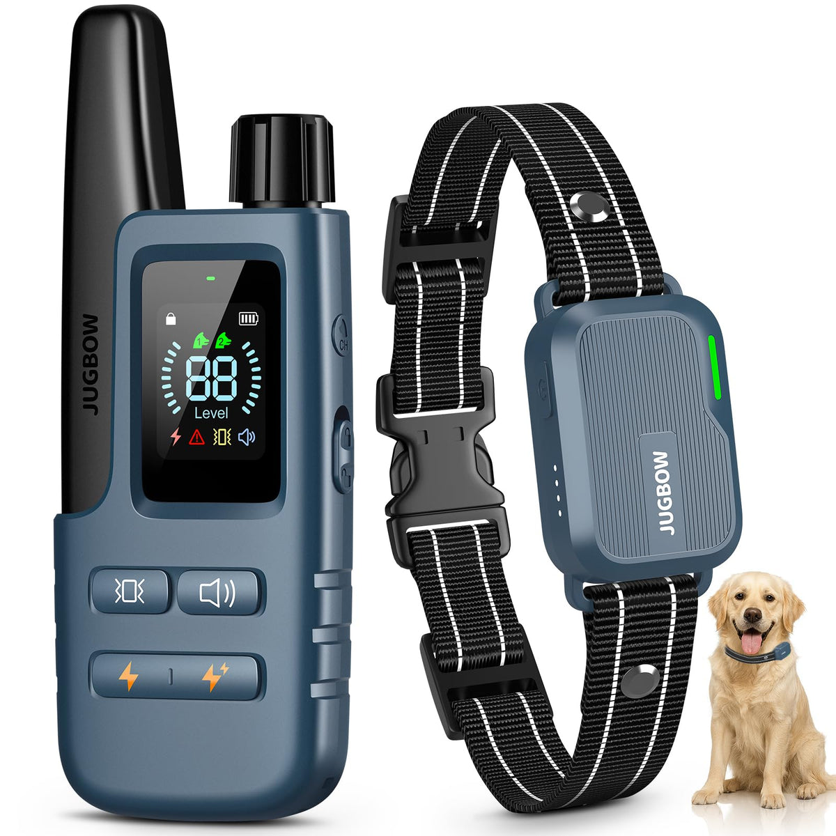 Jugbow dog collar remote control demonstrates distance training capabilities.