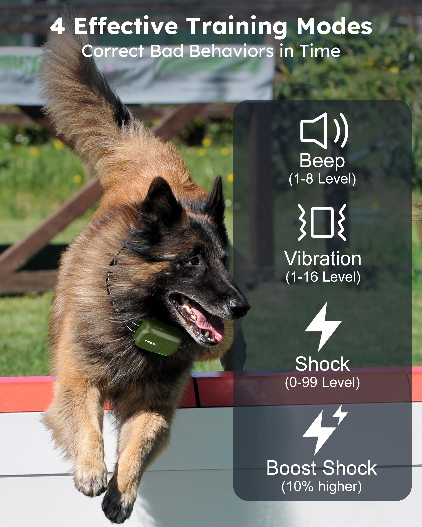 Jugbow dog collar training modes include beep, vibration, and shock for customizable behavior shaping.