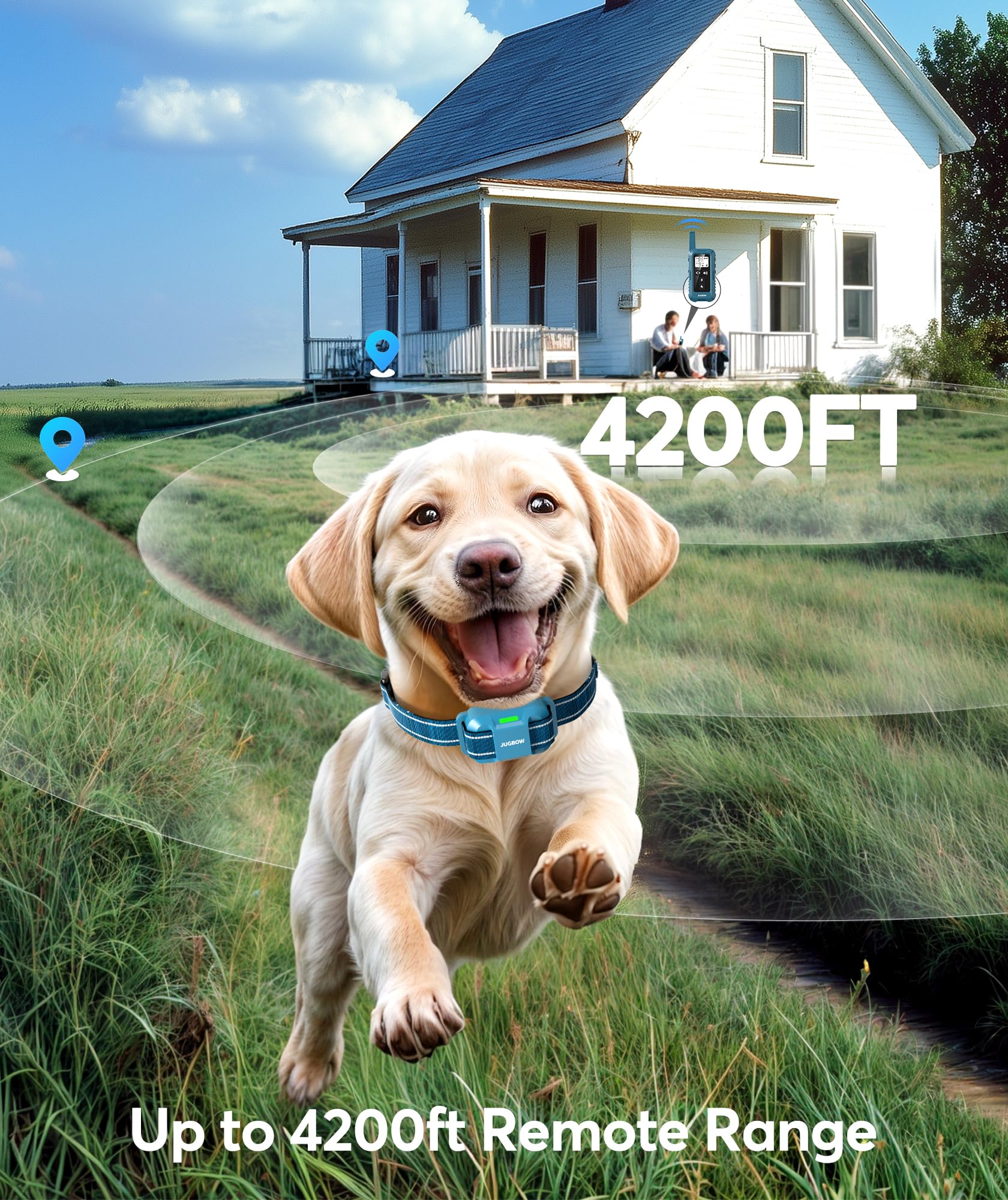 Jugbow dog shock collar with 4200ft range supports off-leash training potential.