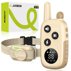 Jugbow dog shock collar beige front view showing adjustable fit for all sizes.