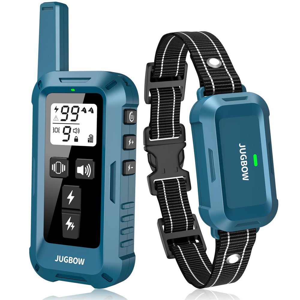 Jugbow dog shock collar receiver in blue, showcasing IPX8 waterproof durability for all-weather training.