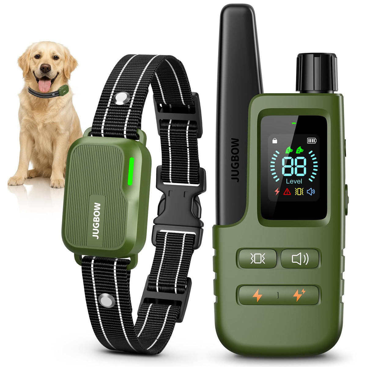 Jugbow dog shock collar remote enables long-range training outdoors.