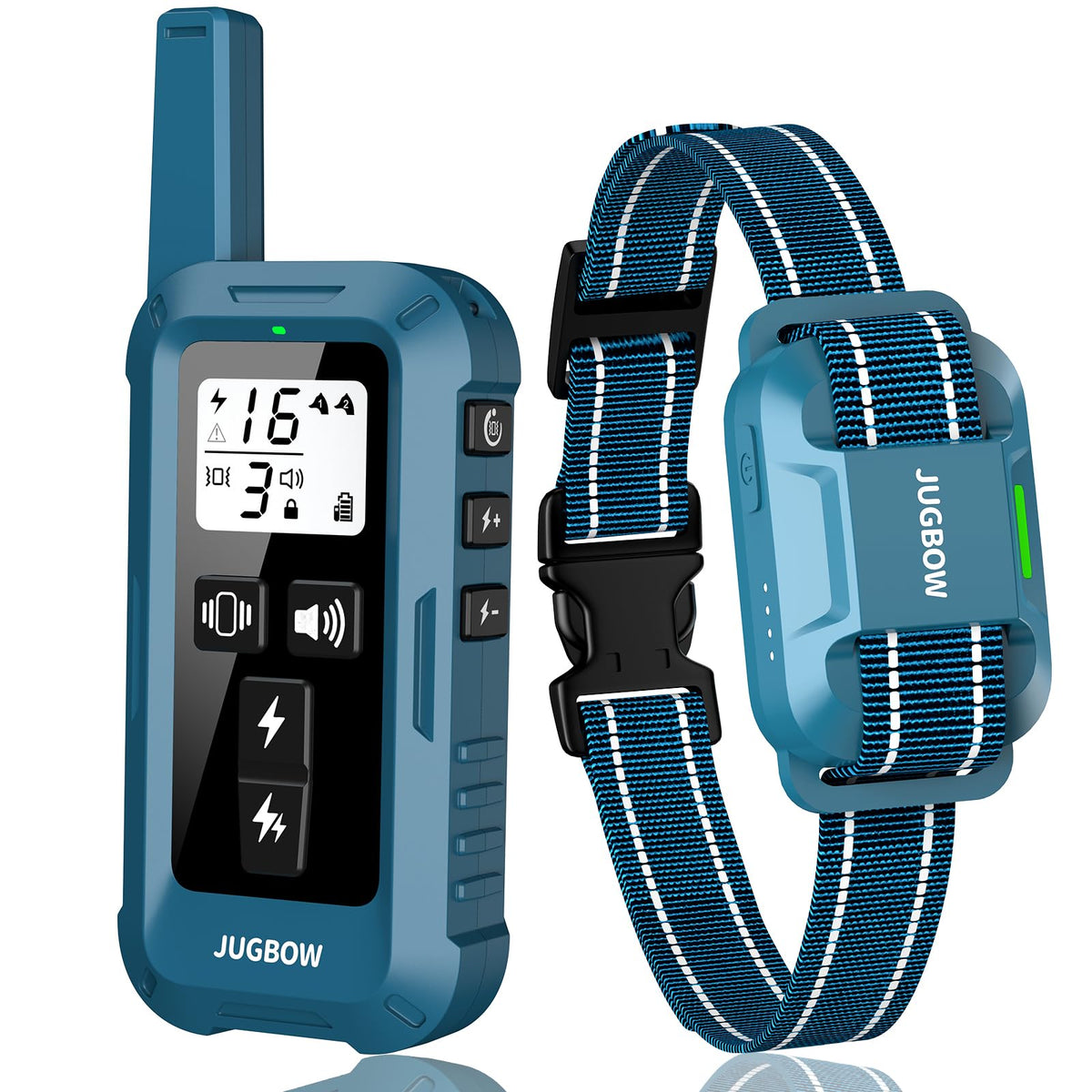 Jugbow dog shock collar remote demonstrates adjustable training modes for flexible behavior shaping.