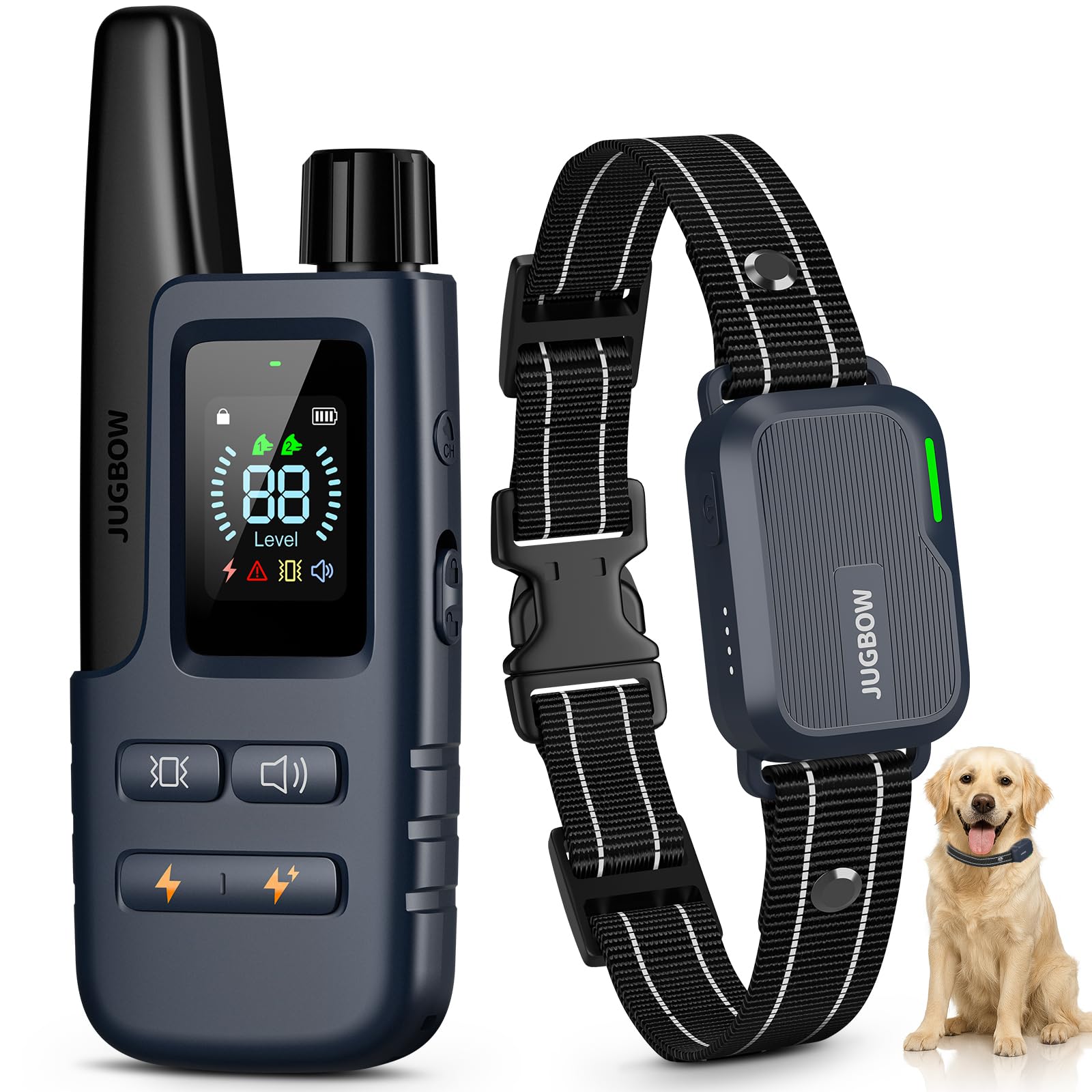 Jugbow dog shock collar remote allows long-range training up to 4,200 feet.