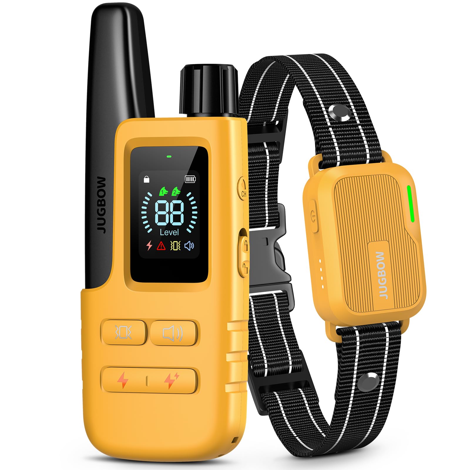 Jugbow dog training collar with remote shows adjustable fit for multiple breeds.