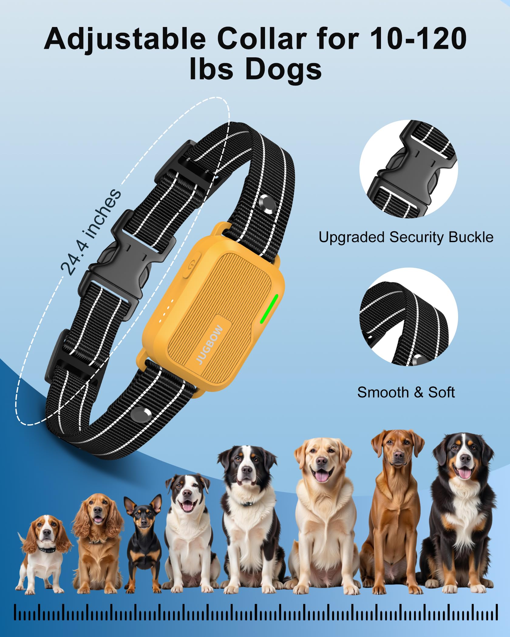 Jugbow IPX7 waterproof collar ready for rain, mud, and lake activities.