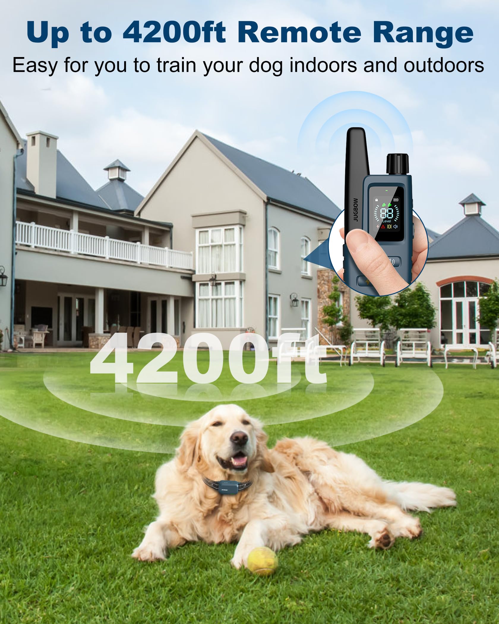 Jugbow IPX7 waterproof collar ready for rain and outdoor use.