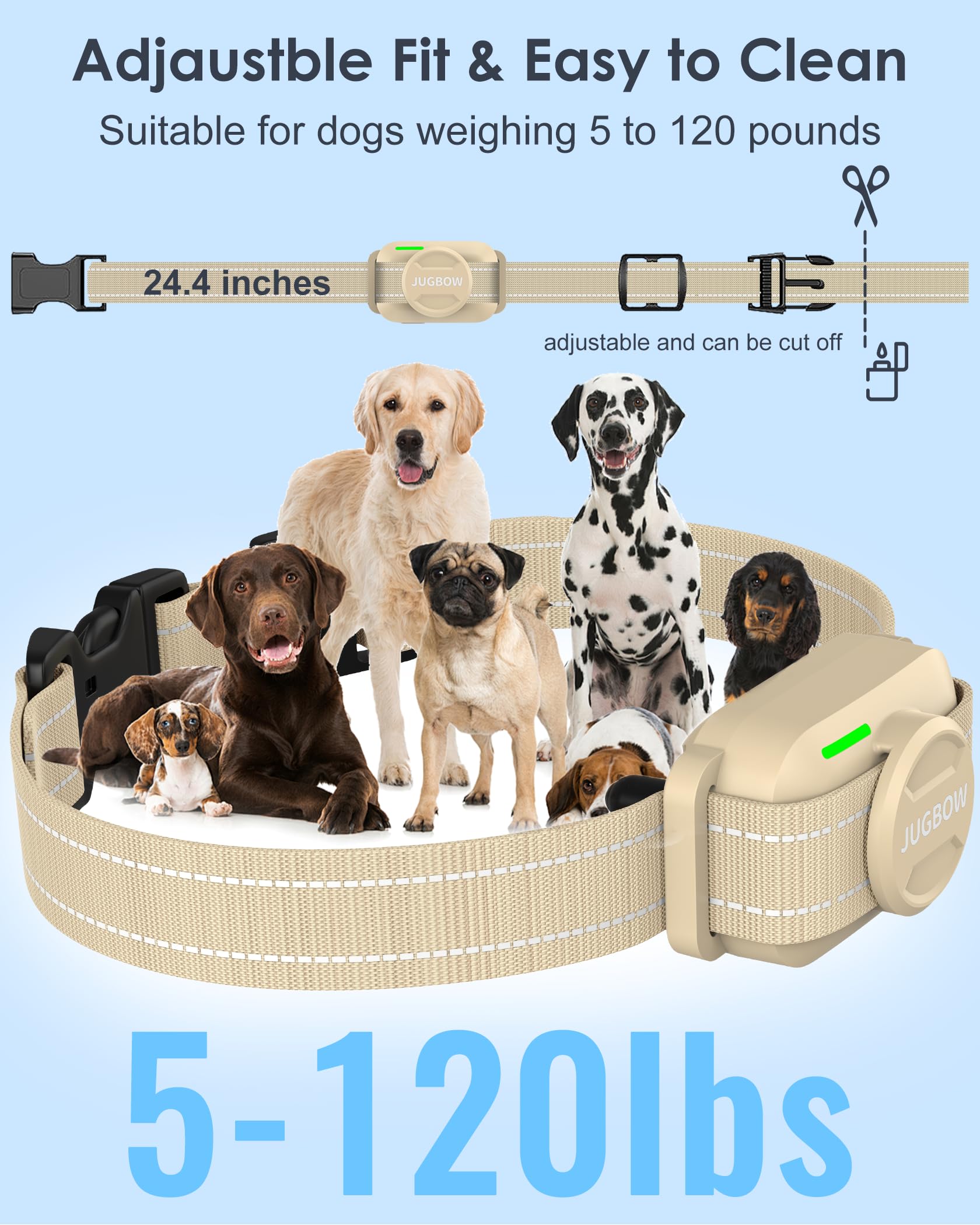 Jugbow IPX8 waterproof collar ready for rain or pool play.