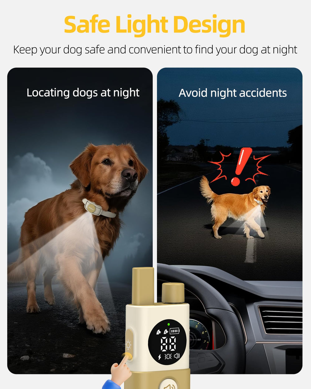 Jugbow LED light on collar helps locate your dog during nighttime walks.